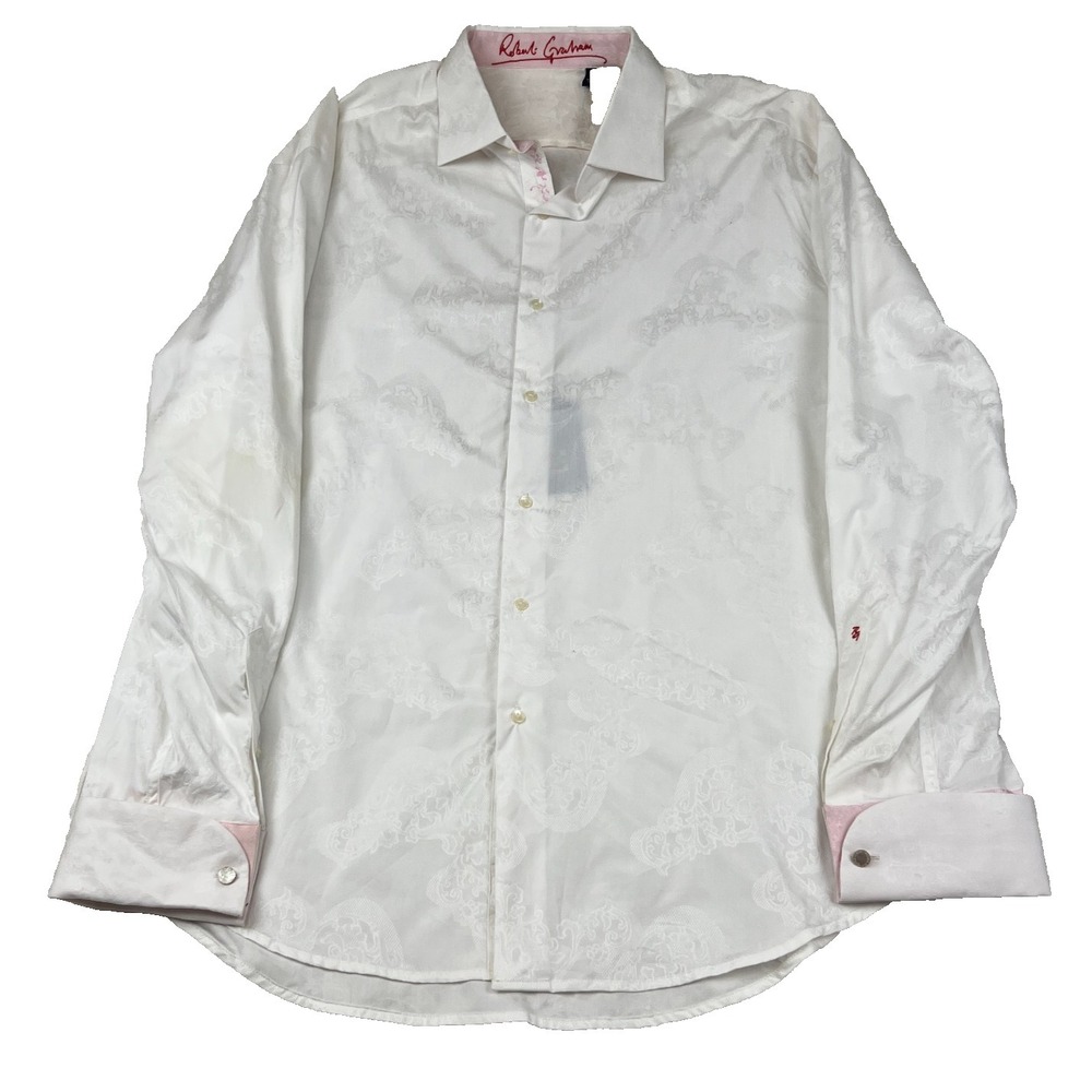 Robert Graham Shogun Shirt XL White Paisley Print Pink Flip Cuff MSRP $198 NWT